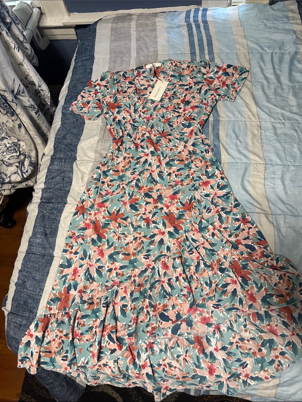 Floral Short Sleeve Maxi Dress - Teal & Coral